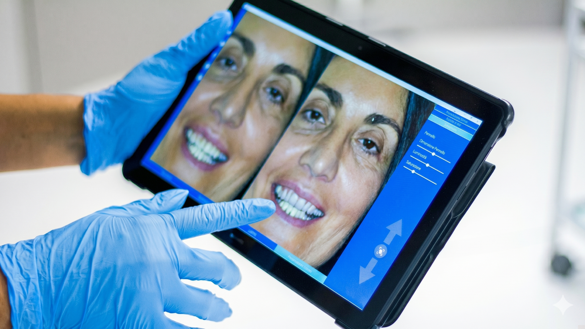 una pantalla, muestra un diseño de sonrisa y la diferencia entre el antes y el después